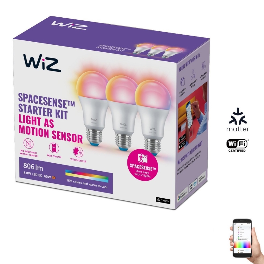 KOMPLEKTAS 3x LED RGBW Reguliuojama lemputė A60 E27/8,8W/230V 2200-6500K Wi-Fi - WiZ