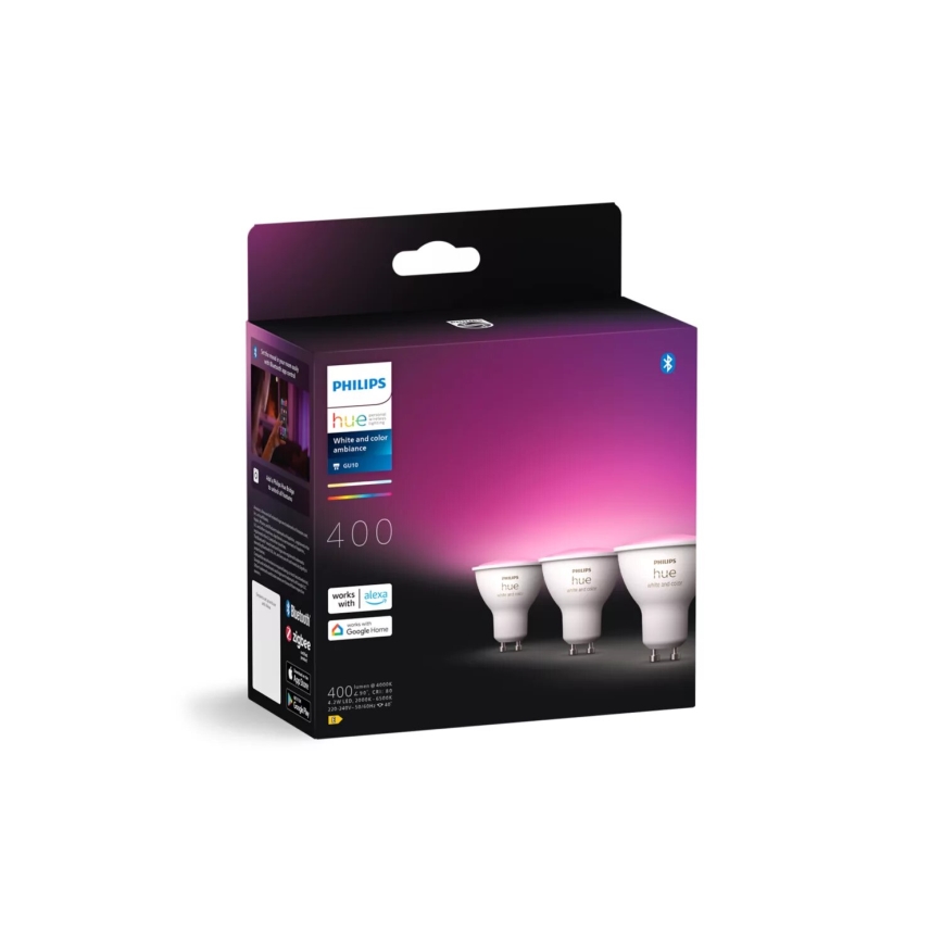 KOMPLEKTAS 3x LED RGBW Reguliuojama lemputė Philips Hue WHITE AND COLOR AMBIANCE GU10/4,2W/230V 2000-6500K