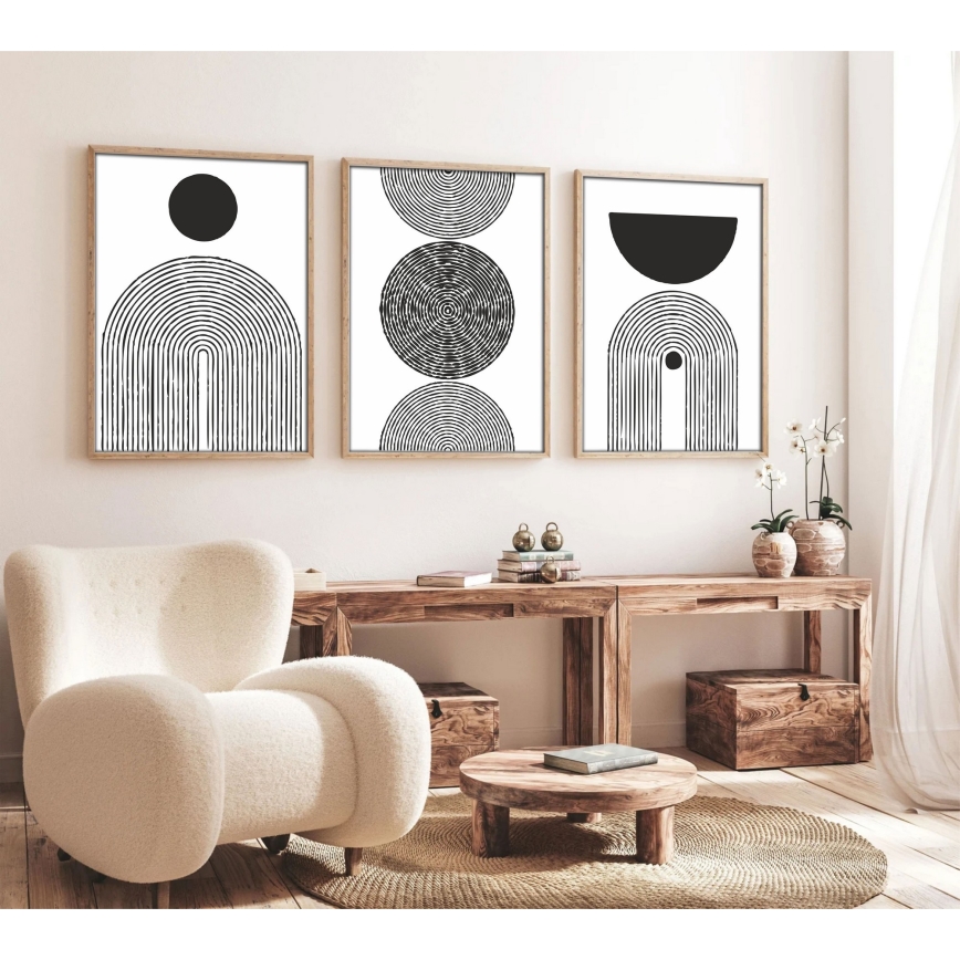KOMPLEKTAS 3x Paveikslėlis nuotraukų rėmelyje 50x70 cm juoda/balta