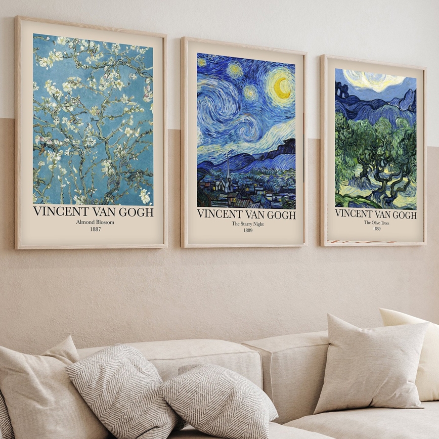 KOMPLEKTAS 3x Paveikslėlis nuotraukų rėmelyje 50x70 cm Vincent van Gogh