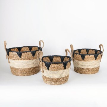 KOMPLEKTAS 3x Šiaudų krepšelis smėlio spalva/juoda 27x20/30x22/36x28 cm