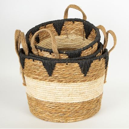 KOMPLEKTAS 3x Šiaudų krepšelis smėlio spalva/juoda 27x20/30x22/36x28 cm