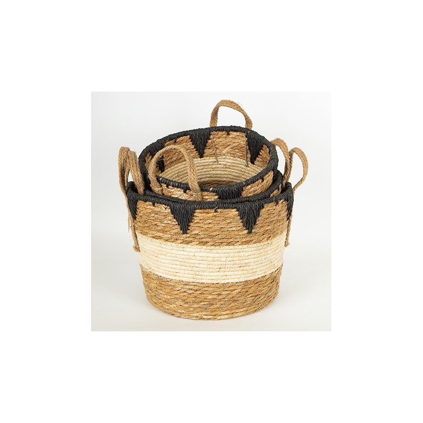 KOMPLEKTAS 3x Šiaudų krepšelis smėlio spalva/juoda 27x20/30x22/36x28 cm