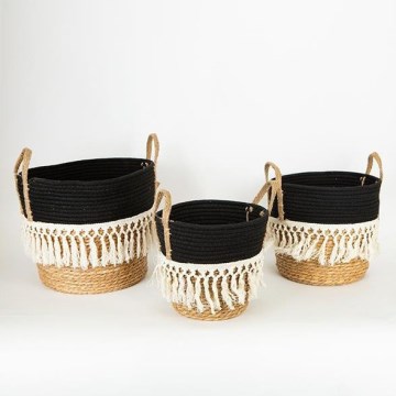 KOMPLEKTAS 3x Šiaudų krepšelis smėlio spalva/juoda/balta 25x17x23/28x22x25/35x28x30 cm