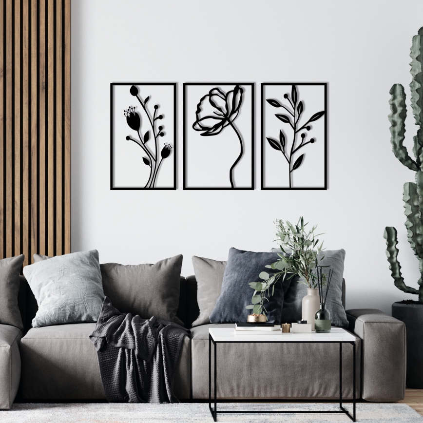 KOMPLEKTAS 3x Sienų dekoracija 78x39 cm gėlės metalas