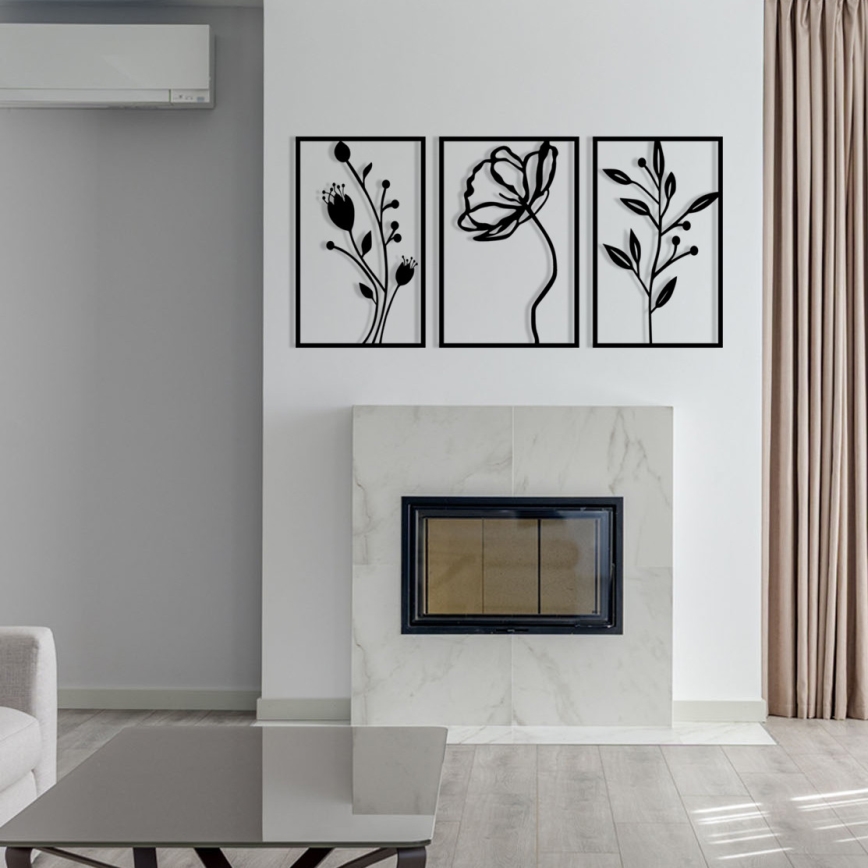 KOMPLEKTAS 3x Sienų dekoracija 78x39 cm gėlės metalas