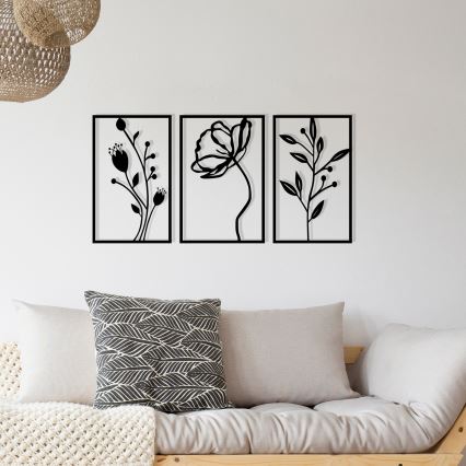 KOMPLEKTAS 3x Sienų dekoracija 78x39 cm gėlės metalas