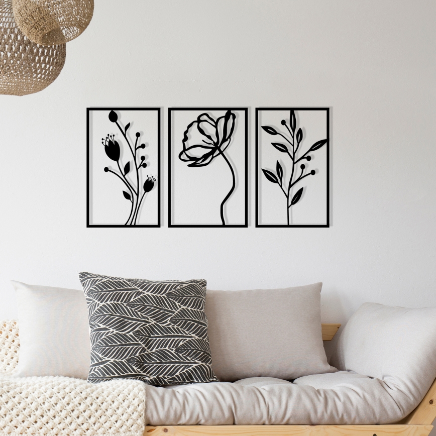 KOMPLEKTAS 3x Sienų dekoracija 78x39 cm gėlės metalas