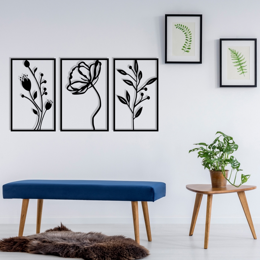 KOMPLEKTAS 3x Sienų dekoracija 78x39 cm gėlės metalas