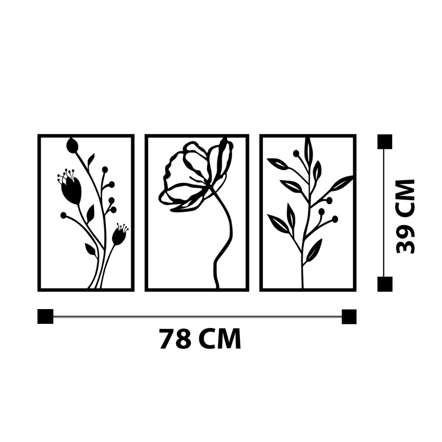 KOMPLEKTAS 3x Sienų dekoracija 78x39 cm gėlės metalas