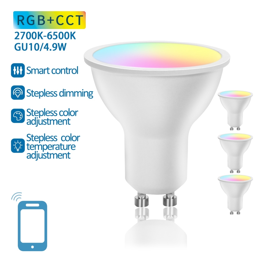 Komplektas (4 vnt.) LED RGBW dimeriuojamos išmaniosios GU10 lemputės, 4,9W, 230V, 2700–6500K - Aigostar