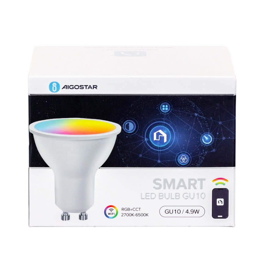 Komplektas (4 vnt.) LED RGBW dimeriuojamos išmaniosios GU10 lemputės, 4,9W, 230V, 2700–6500K - Aigostar