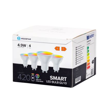 Komplektas (4 vnt.) LED RGBW dimeriuojamos išmaniosios GU10 lemputės, 4,9W, 230V, 2700–6500K - Aigostar