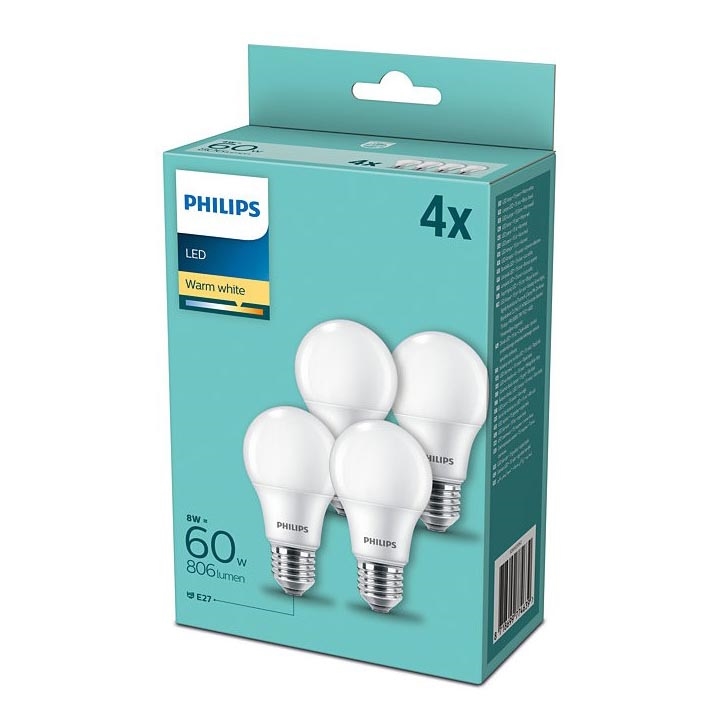 KOMPLEKTAS 4x LED Elektros lemputė Philips E27/8W/230V 2700K