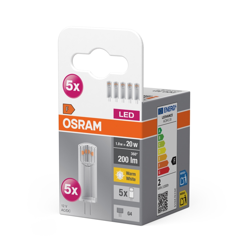 Komplektas 5 vnt. LED G4 (PIN) lemputės 1,8W/12V 2700K - Osram