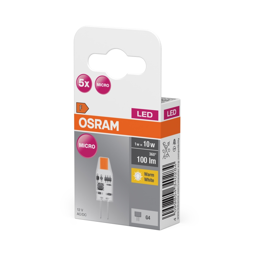 Komplektas 5 vnt. LED lemputės PIN MICRO G4, 1W/12V, 2700K - Osram