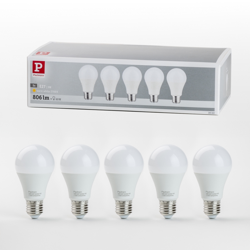 KOMPLEKTAS 5x LED elektros lemputė A60 E27/9W/230V 2700K - Paulmann 28780