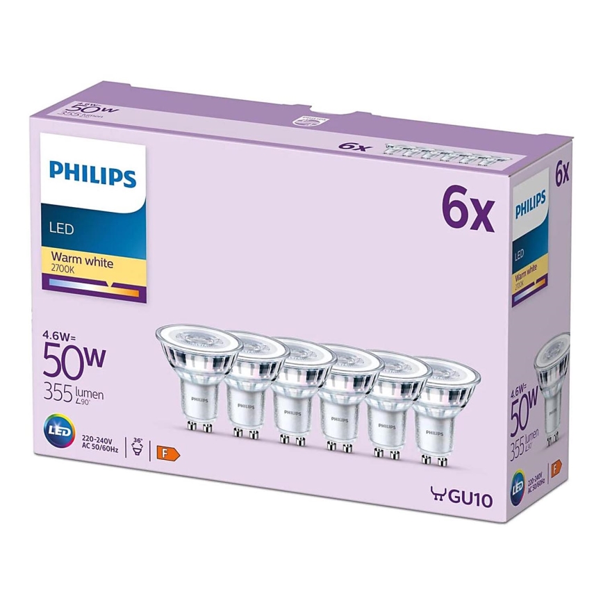 KOMPLEKTAS 6x LED elektros lemputė Philips GU10/4,6W/230V 2700K