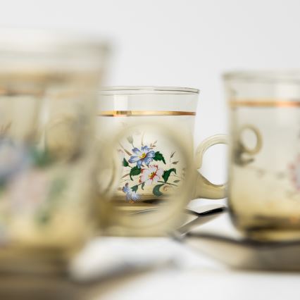 KOMPLEKTAS 6x stiklinis puodelis su lėkšte dūminis puokštė Nr. 5