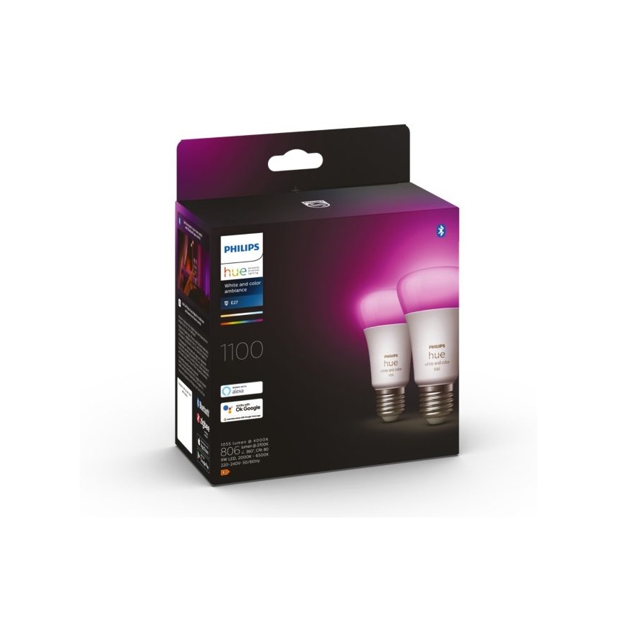 KOMPLEKTAS - LED RGBW Reguliuojama juostelė Philips Hue WHITE AND COLOR AMBIANCE 2m LED/20W/230V + 2x LED pritemdoma elektros lemputė Philips A60 E27/9W/230V 2000-6500K