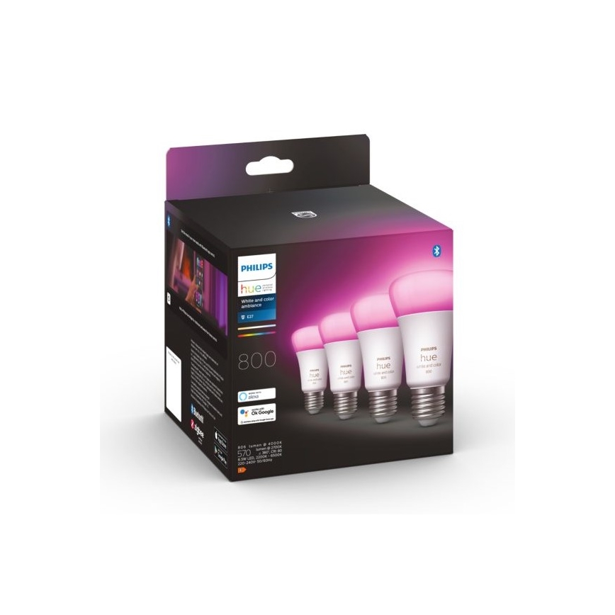 KOMPLEKTAS - LED RGBW Reguliuojama juostelė Philips Hue WHITE AND COLOR AMBIANCE 2m LED/20W/230V + 4x Pritemdoma elektros lemputė Philips A60 E27/6,5W/230V 2000-6500K