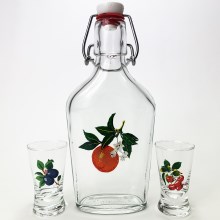 KOMPLEKTAS vector - 1x didelis butelis + 2x stikliukas šotams permatoma su vaisiaus motyvu