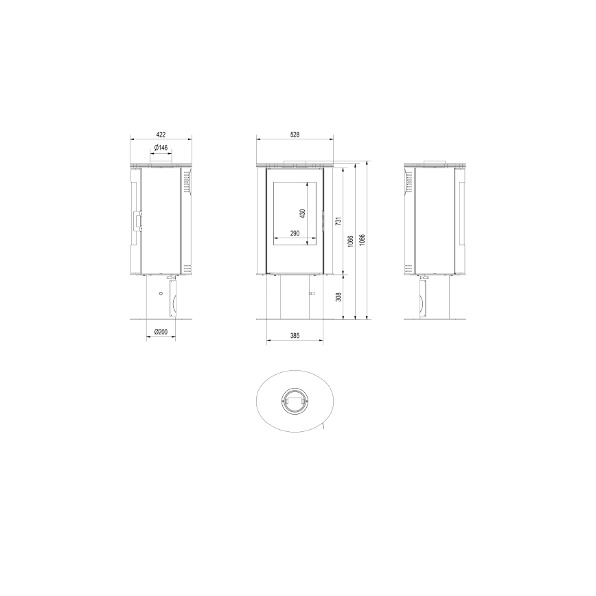 Plieninis židinys 8kW 150mm