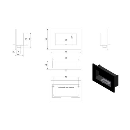 Kratki - Įmontuotas BIO židinys 40x60 cm 2kW juoda