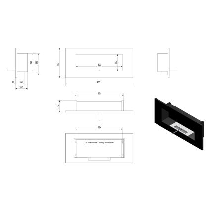 Kratki - Įmontuotas BIO židinys 40x90 cm 2kW juoda