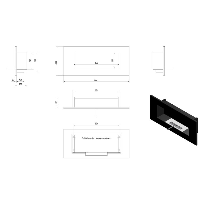 Kratki - Įmontuotas BIO židinys 40x90 cm 2kW juoda