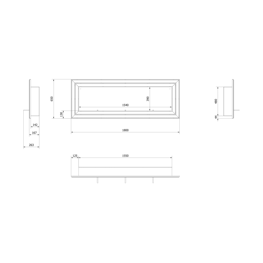 Kratki - Įmontuotas BIO židinys 65x180 cm 3x2,5kW blizgus chromas