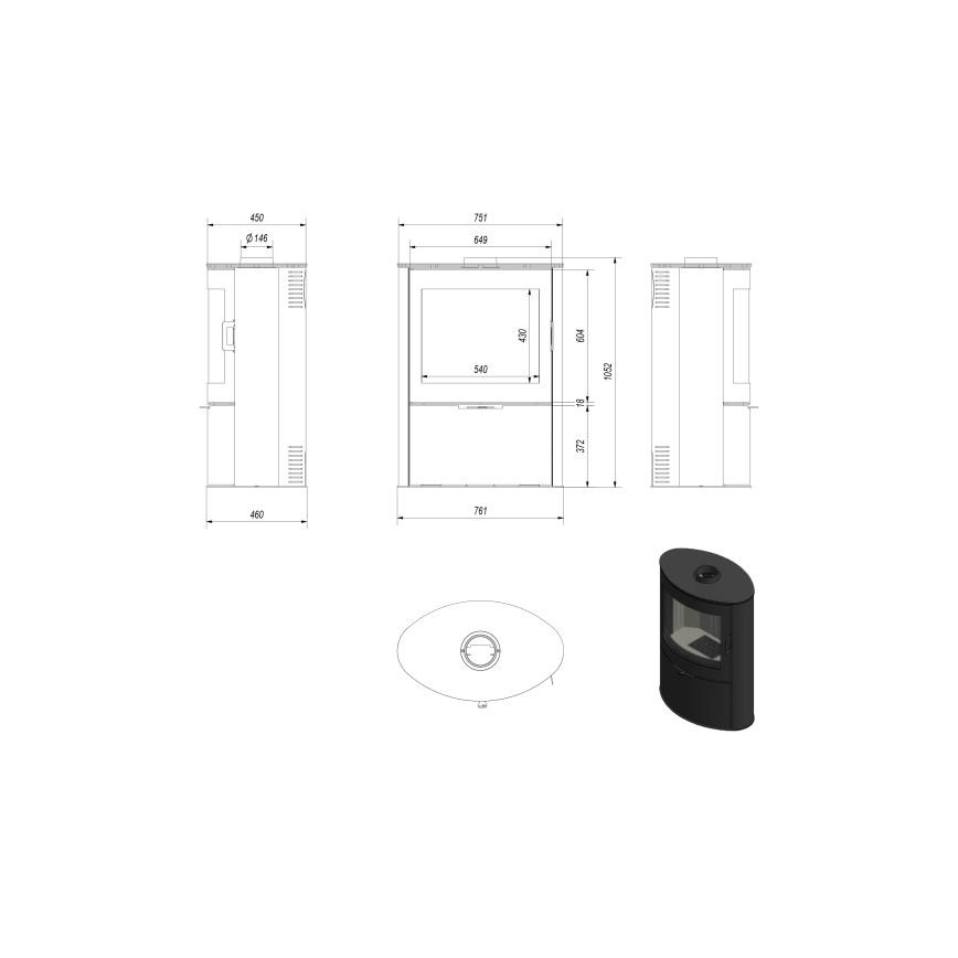 Kratki - Plieninis židinys 10kW 150mm