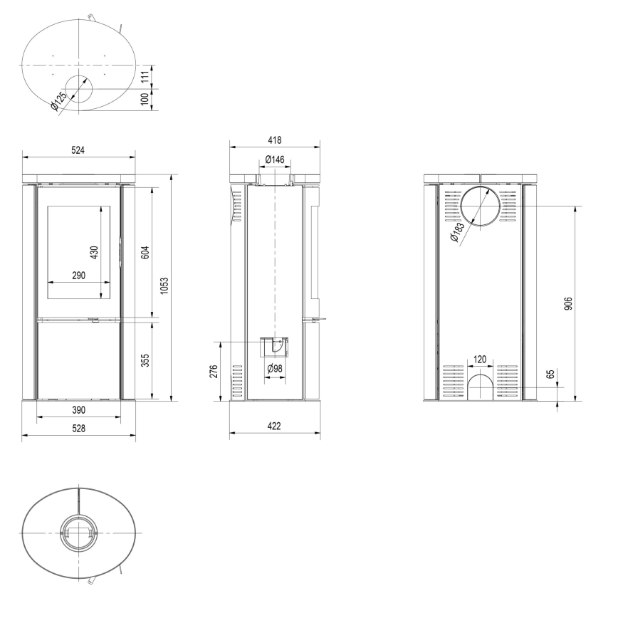 Kratki - Plieninis židinys 8kW 150mm
