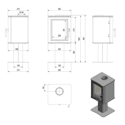 Kratki - Plieninis židinys 7kW 150mm