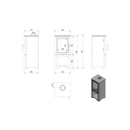 Kratki - Plieninis židinys 7kW 150mm