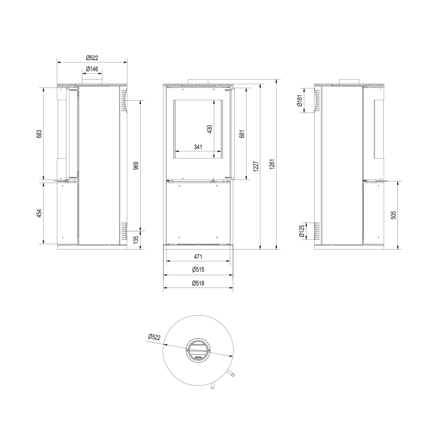 Kratki - Plieninis židinys 9kW 150mm