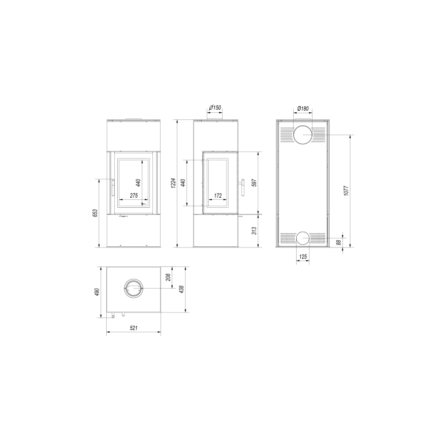 Kratki - Plieninis židinys 8kW 150mm