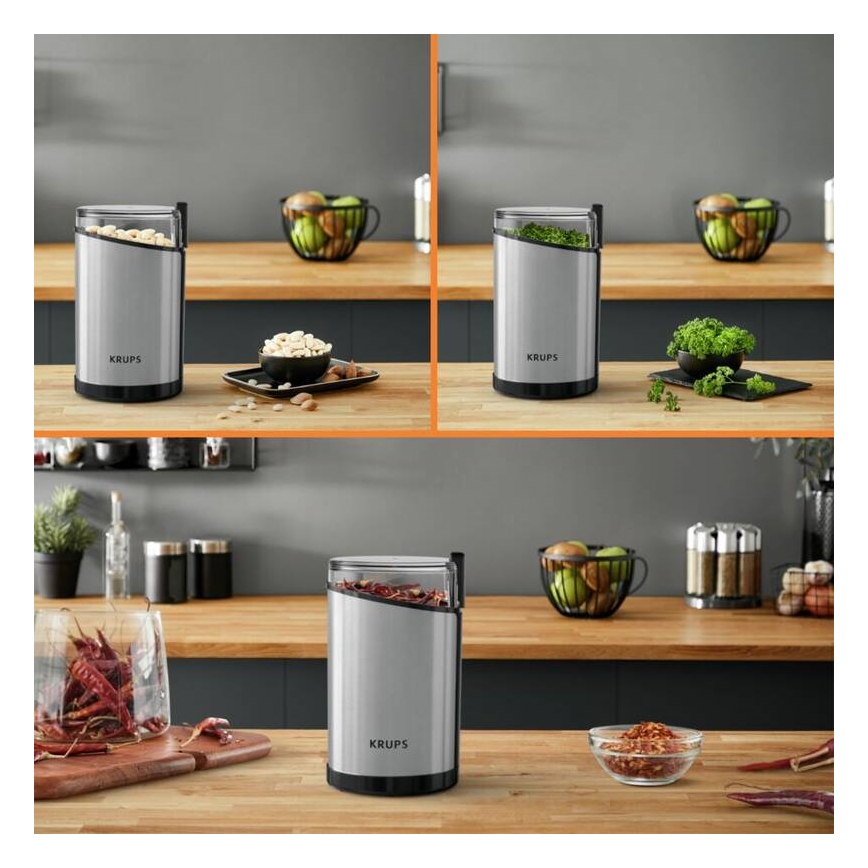 Krups - Elektrinis kavos pupelių malūnėlis 85g FAST-TOUCH 200W/230V matinis chromas