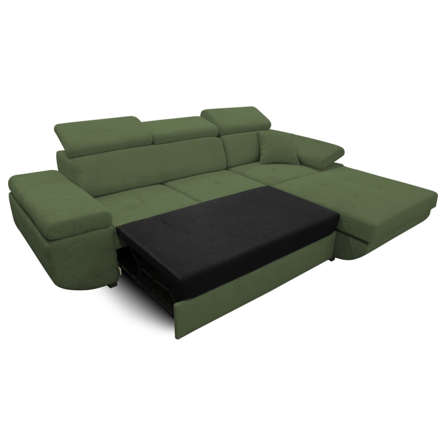 L formos dešinės pusės kampinė išskleidžiama sofa CASTELO su patalynės dėže, žalia