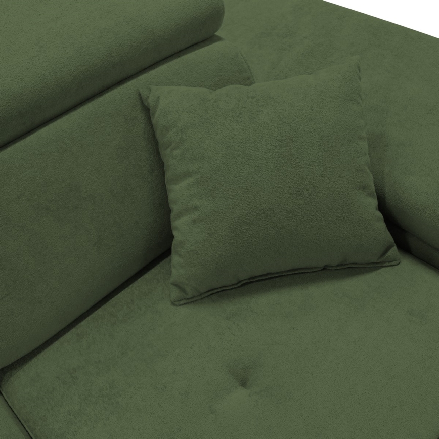 L formos dešinės pusės kampinė išskleidžiama sofa CASTELO su patalynės dėže, žalia