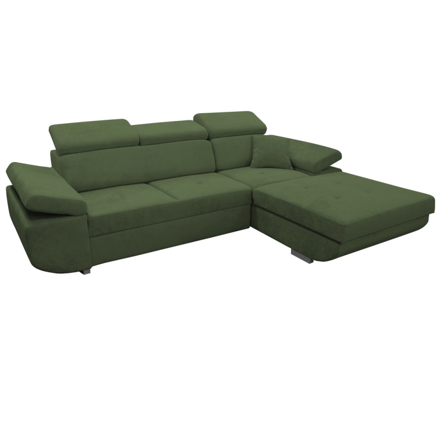 L formos dešinės pusės kampinė išskleidžiama sofa CASTELO su patalynės dėže, žalia