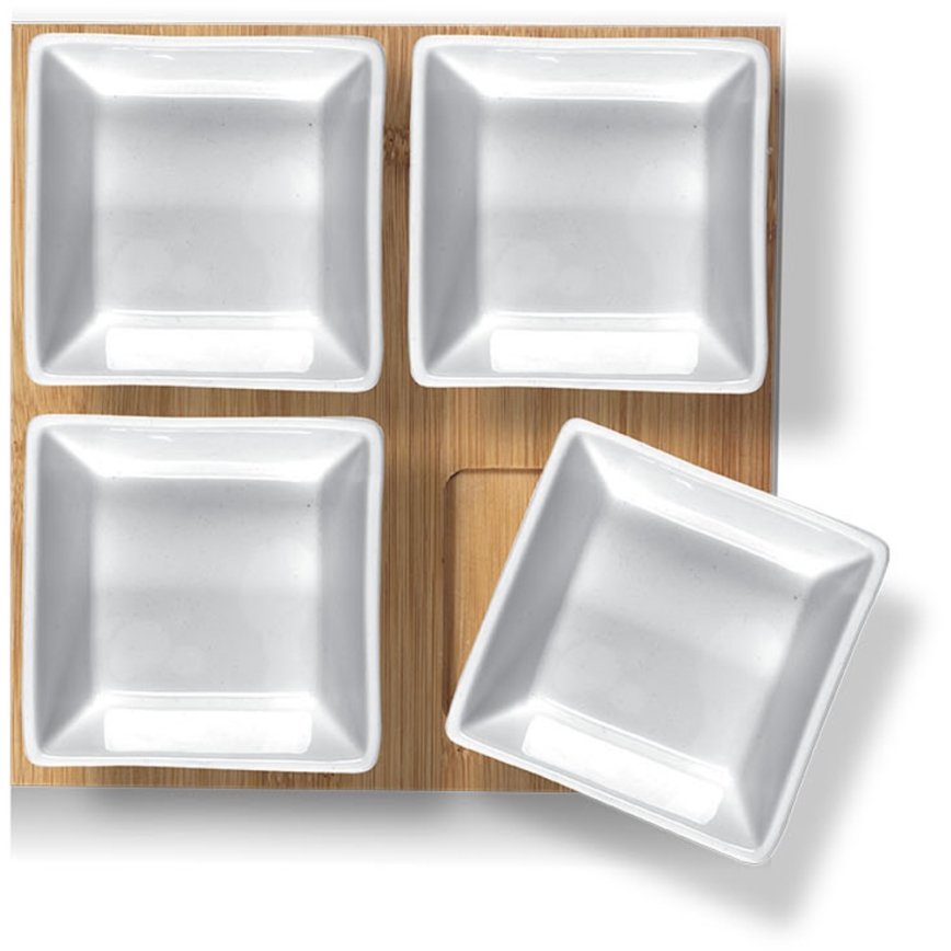 Lamart - Rinkinys 4x porcelianinis dubuo 19x19 cm + medinis padėklas