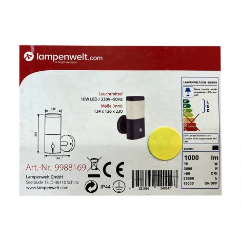 Lampenwelt - LED lauko šviestuvas su jutikliu LED/10W/230V IP44