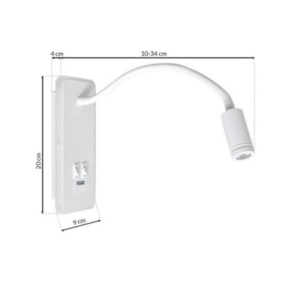 Lanksčioji LED sieninė lempa su USB BASE LED/8W+LED/2W/230V, balta