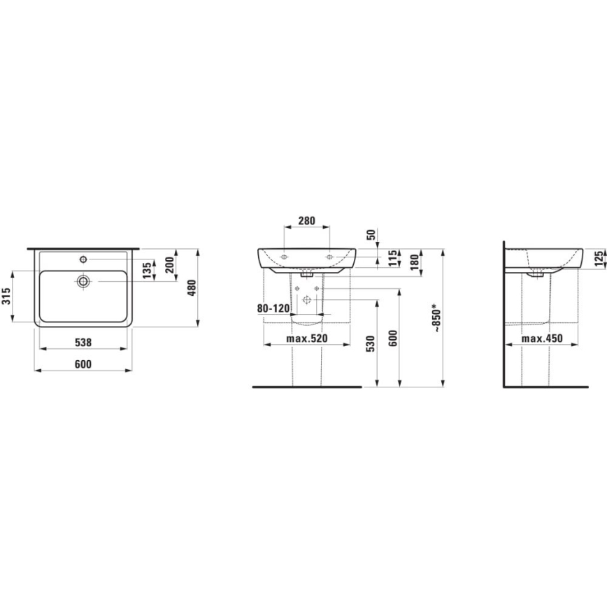 LAUFEN H8189520001041 - Pastatomas praustuvas/pakabinamas ant sienos PRO 60x48 cm keramika/balta