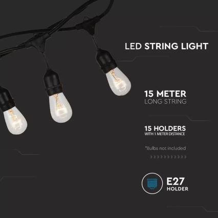 Lauko girlianda STRING, 15 m — 15 × E27 lizdų, maks. 25 W, 230 V, IP54