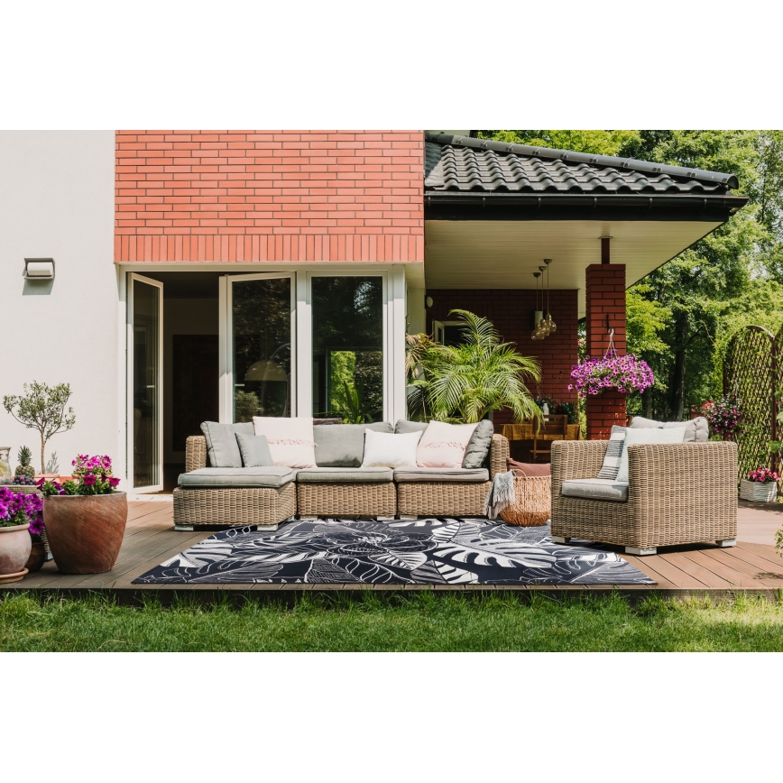 Lauko kilimas JUNGLE 160x220 cm juoda/balta/lapų raštas