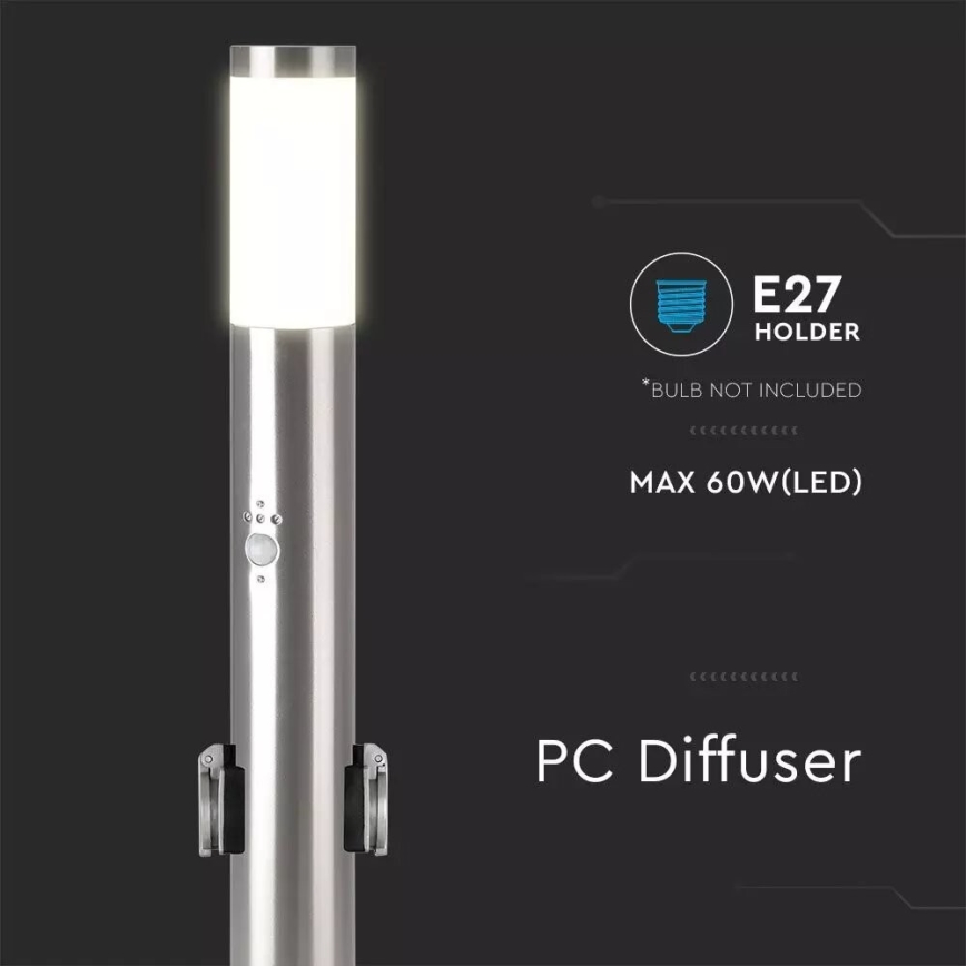 Lauko šviestuvas su jutikliu + 2 lizdai SCHUKO 1xE27/60W/230V IP44 60cm matinis chromas
