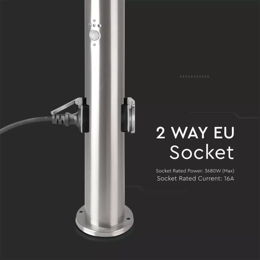 Lauko šviestuvas su jutikliu + 2 lizdai SCHUKO 1xE27/60W/230V IP44 60cm matinis chromas