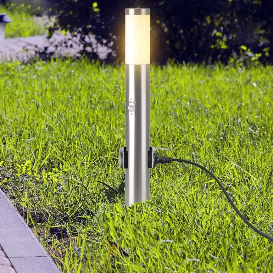 Lauko šviestuvas su jutikliu + 2 lizdai SCHUKO 1xE27/60W/230V IP44 60cm matinis chromas